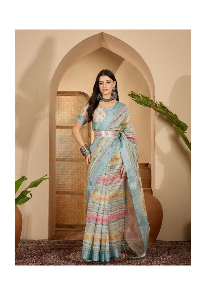Malishka Export Beige Linen Cotton Digital Print Saree for Women - Image 1
